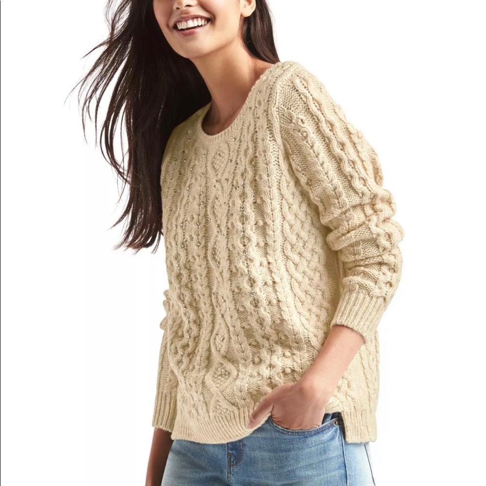 GAP Ivory Beaded Sparkle Cable Knit Sweater